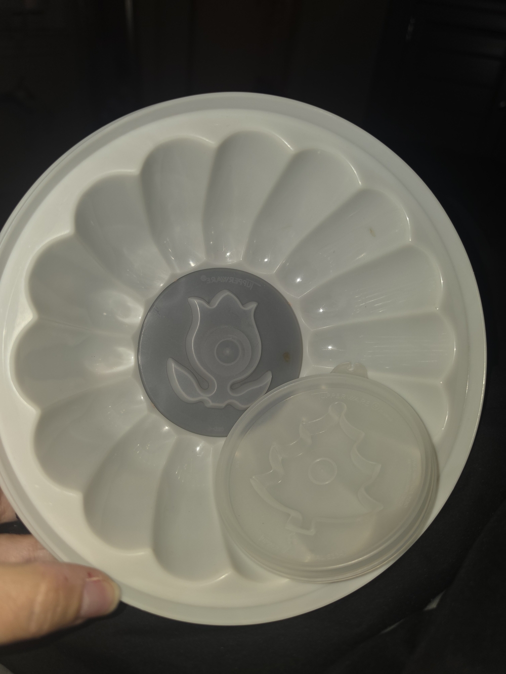 White Plastic Bundt Pan with Decorative Inserts